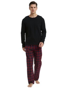 Global Men's Red Plaid and Black Cotton Pajama Set Size Large